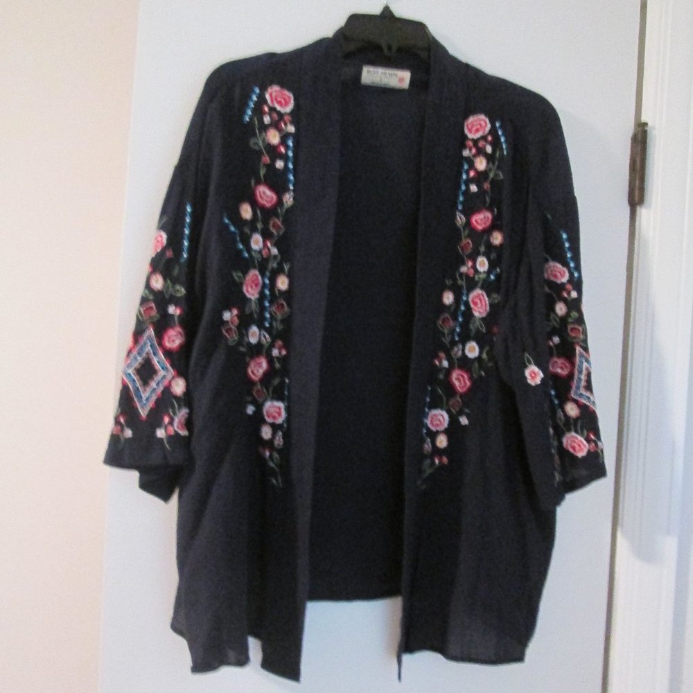 NWT Navy Blue Gauze Floral Embroidered Kimono Top